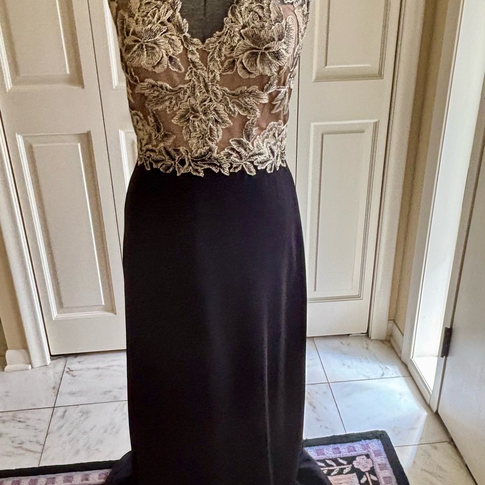 Tadashi Shoji Gold and Black Formal Long Gown Sz 10 Women